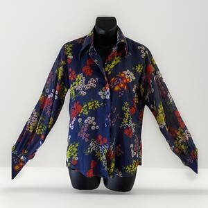 Vintage 70S Blue FLORAL POINT COLLAR BUTTON UP Sheer Cottage Boho RetroCore